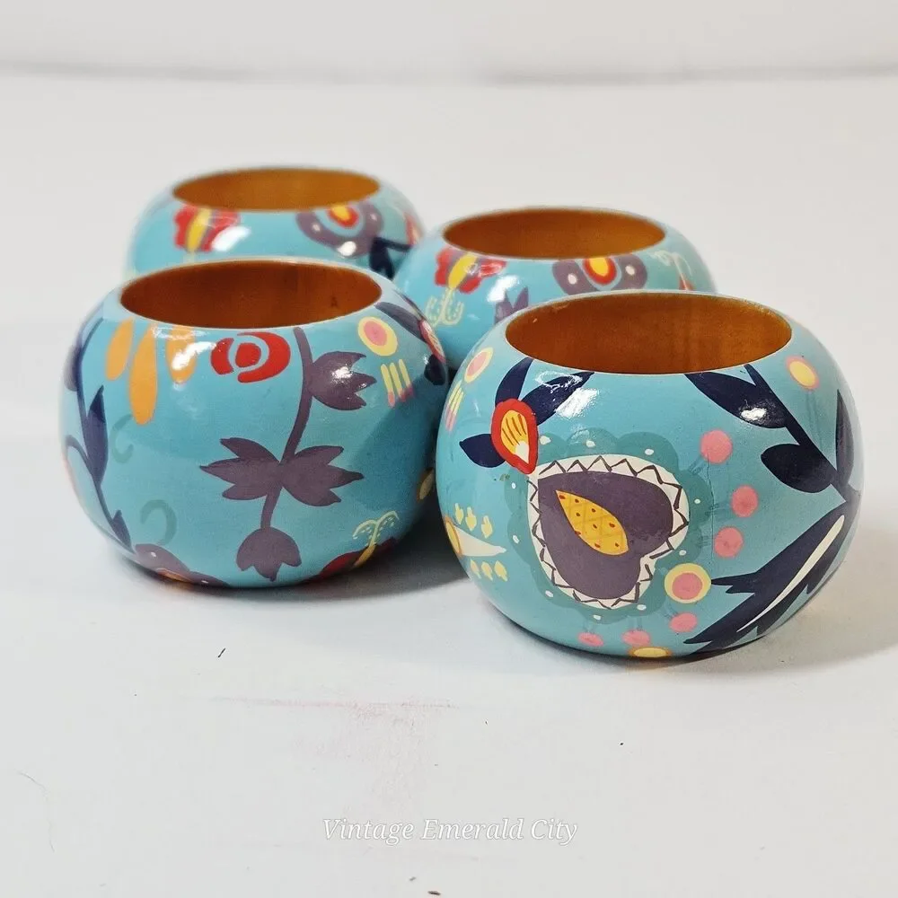 Vtg Set of 4 Wooden Hand Painted Bohemian blue/teal Floral Napkin Rings Spring